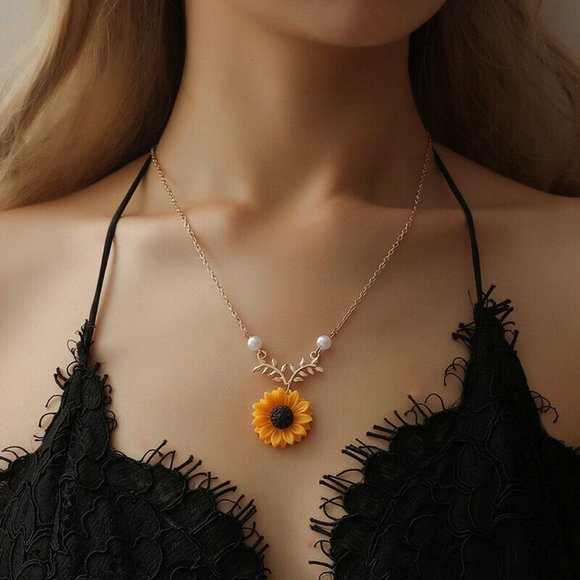 Boutique Jewelry - Dainty Gold Chain Pearl Vine Bright Yellow Sunflower Pendant Necklace